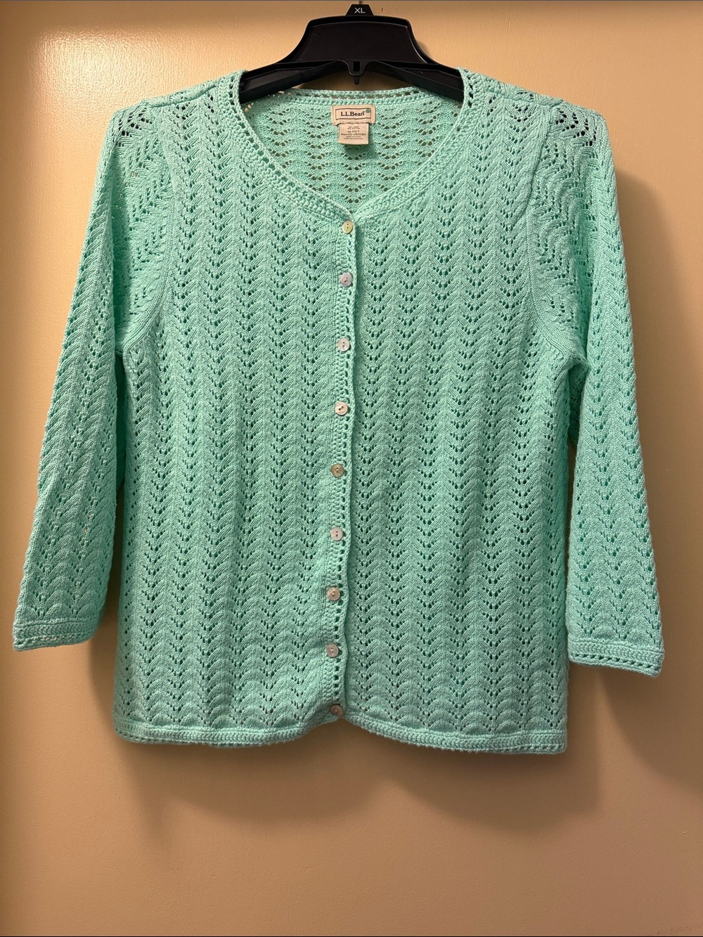 L.L. Bean Mint Green Open Knit Pointelle Cardigan Sweater Linen/Cotton Blend